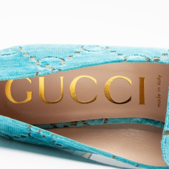NEW! GUCCI Shoes Velvet Gg Sylvie Chain Detail Mid-Heel Square loafers 9… - Picture 5 of 16
